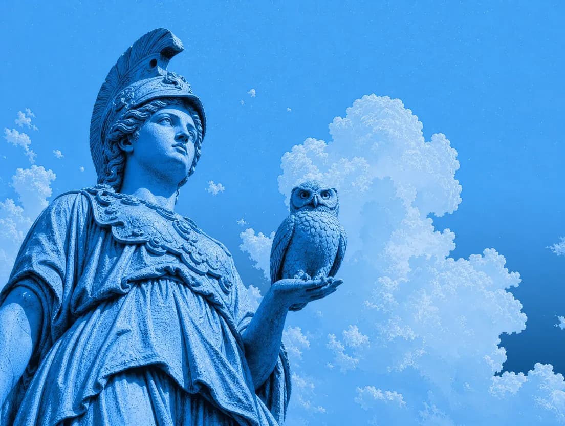 low angle close up of Athena holding an owl statue in her hand with a blue background